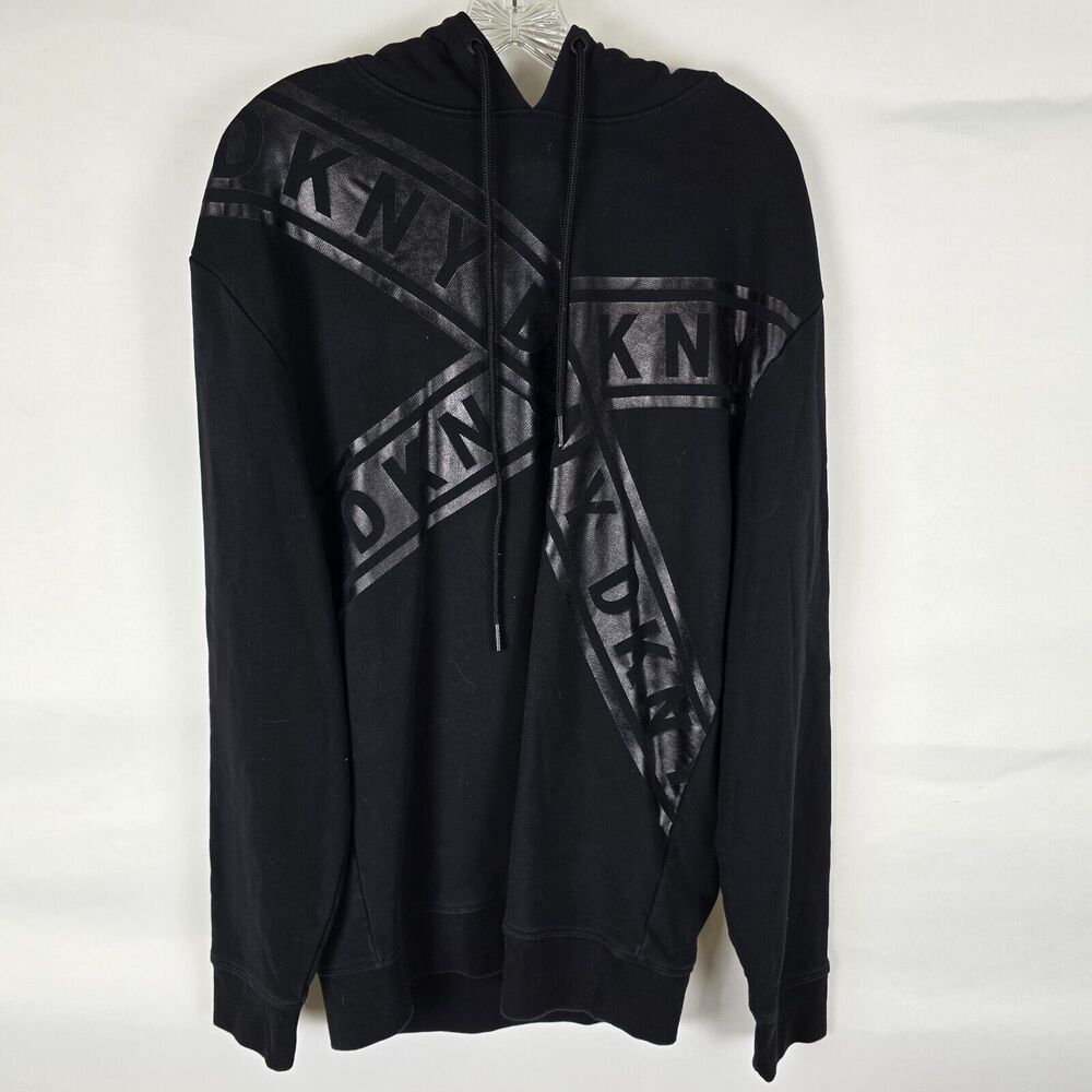 DKNY Hoodie Men's Medium Sweatshirt Drawstring Signature Pattern Black